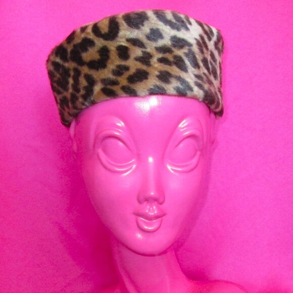 1950s vintage leopard pillbox hat jackie o 1960s pin up faux fur - Picture 1 of 4